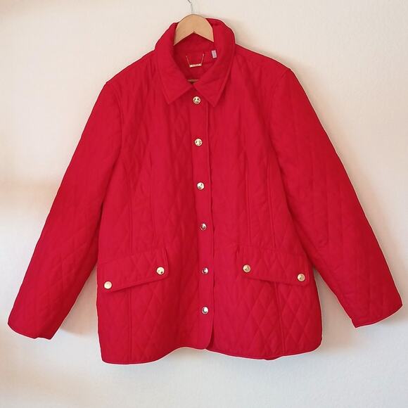 Chico's red quilted barn jacket with gold buttons and pockets - Picture 1 of 8